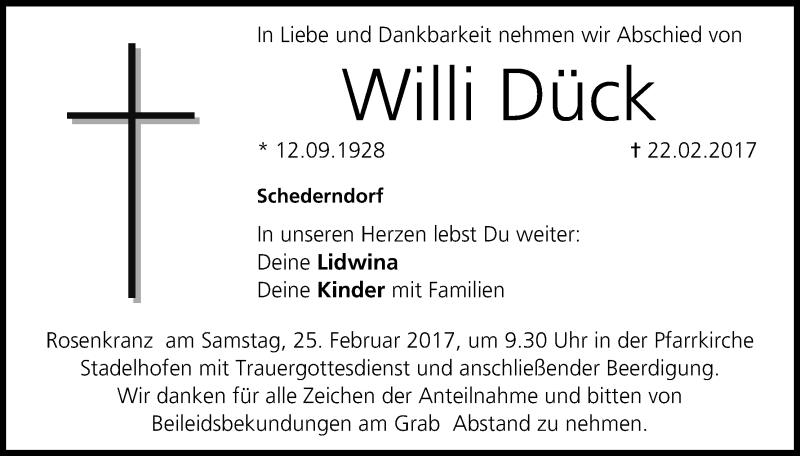  Traueranzeige für Willi Dück vom 23.02.2017 aus MGO