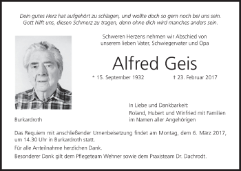 Anzeige von Alfred Geis von MGO