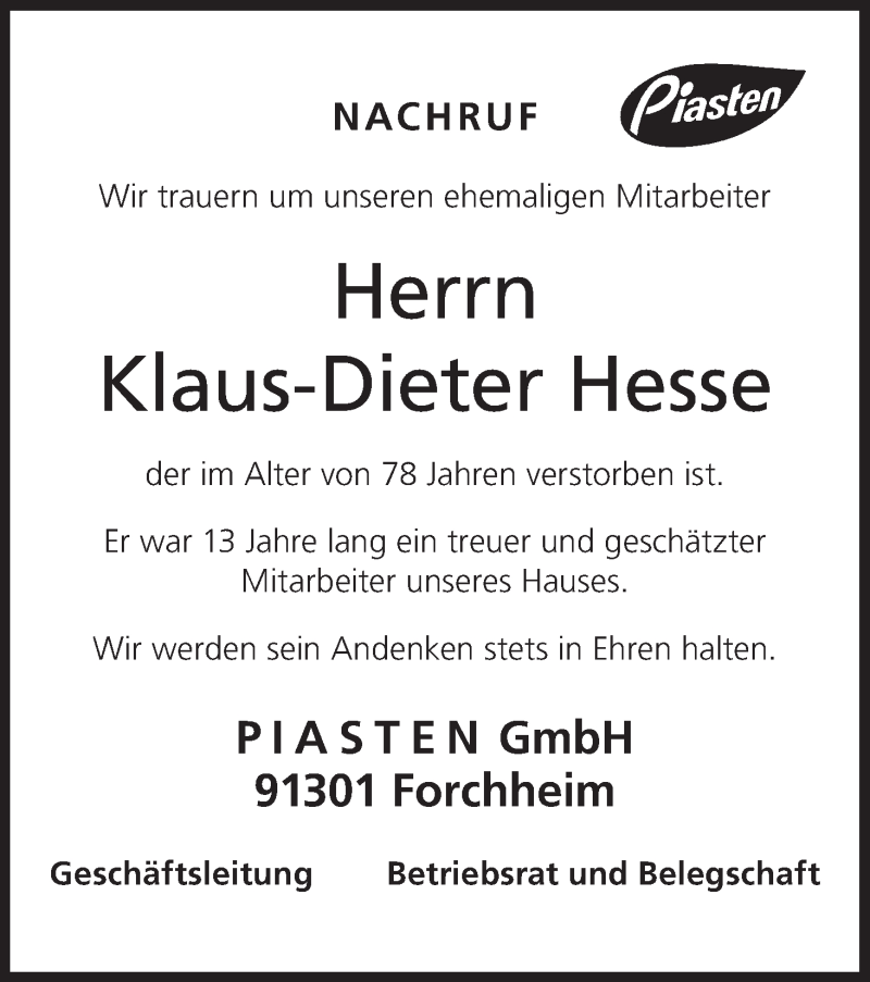  Traueranzeige für Klaus-Dieter Hesse vom 03.02.2017 aus MGO