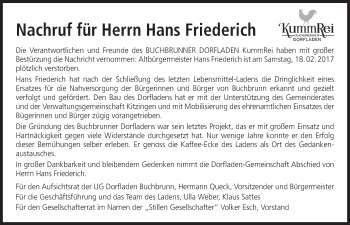 Anzeige von Hans Friederich von MGO