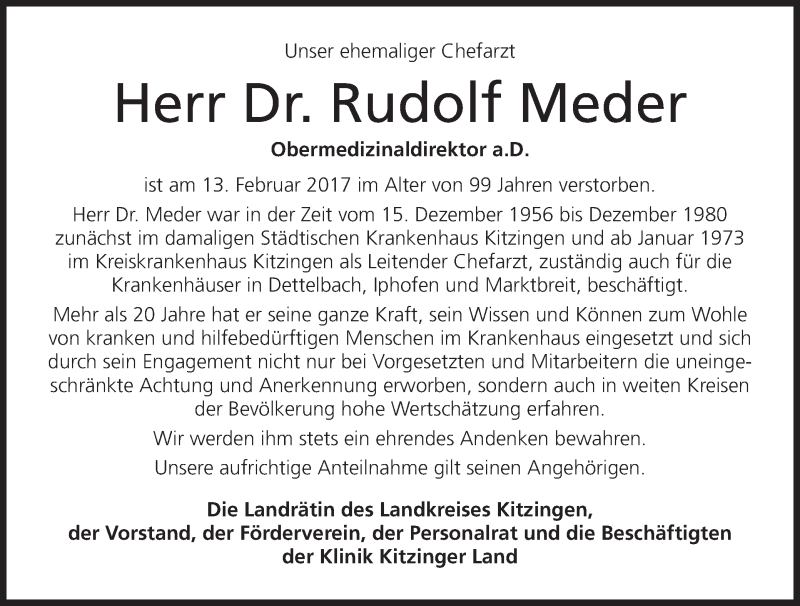  Traueranzeige für Rudolf Meder vom 22.02.2017 aus MGO