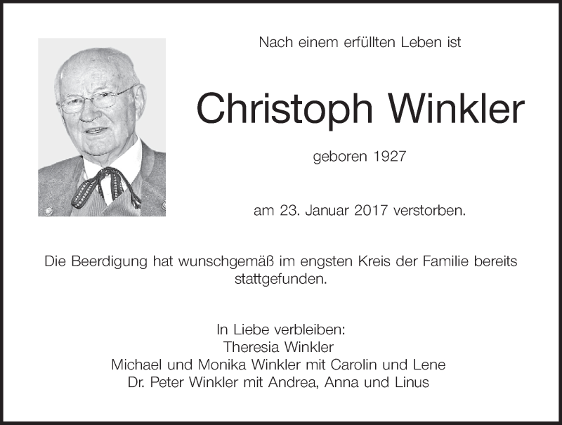  Traueranzeige für Christoph Winkler vom 04.02.2017 aus MGO