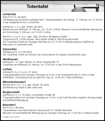 Anzeige von Totentafel vom 07.02.2017 von MGO
