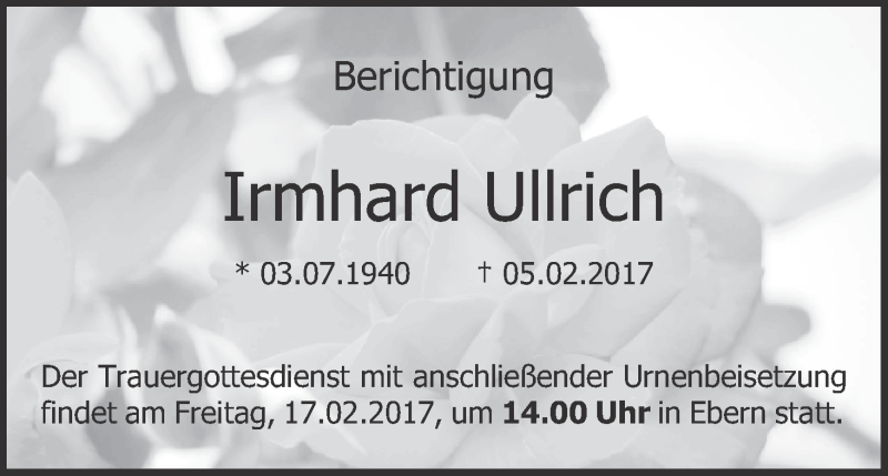  Traueranzeige für Irmhard Ullrich vom 14.02.2017 aus MGO