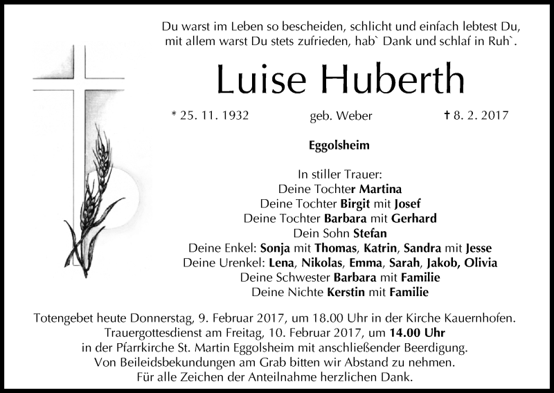  Traueranzeige für Luise Huberth vom 09.02.2017 aus MGO