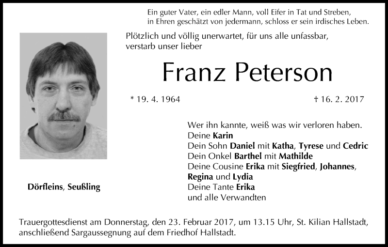 Traueranzeige für Franz Peterson vom 21.02.2017 aus MGO