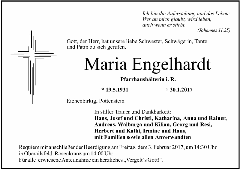  Traueranzeige für Maria Engelhardt vom 01.02.2017 aus MGO