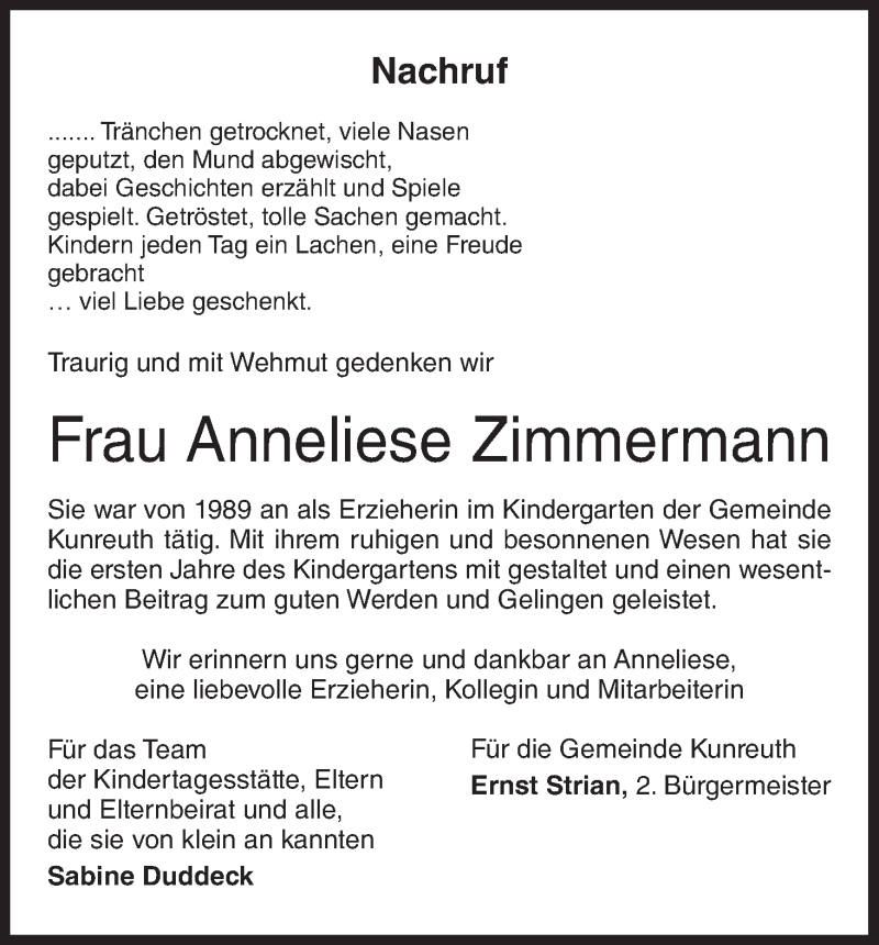  Traueranzeige für Anneliese Zimmermann vom 01.02.2017 aus MGO