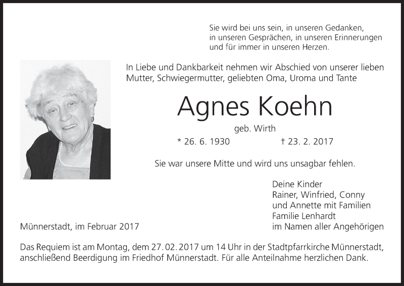  Traueranzeige für Agnes Koehn vom 25.02.2017 aus MGO
