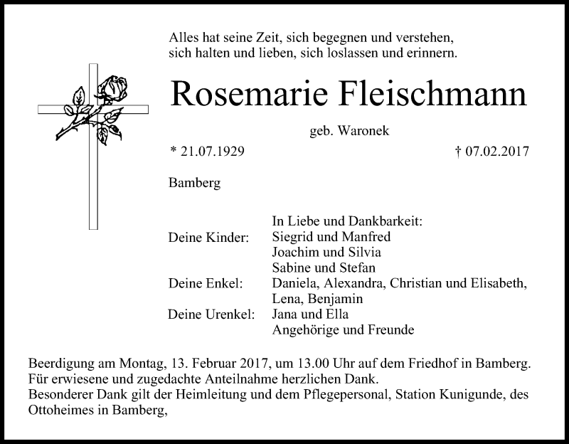  Traueranzeige für Rosemarie Fleischmann vom 11.02.2017 aus MGO