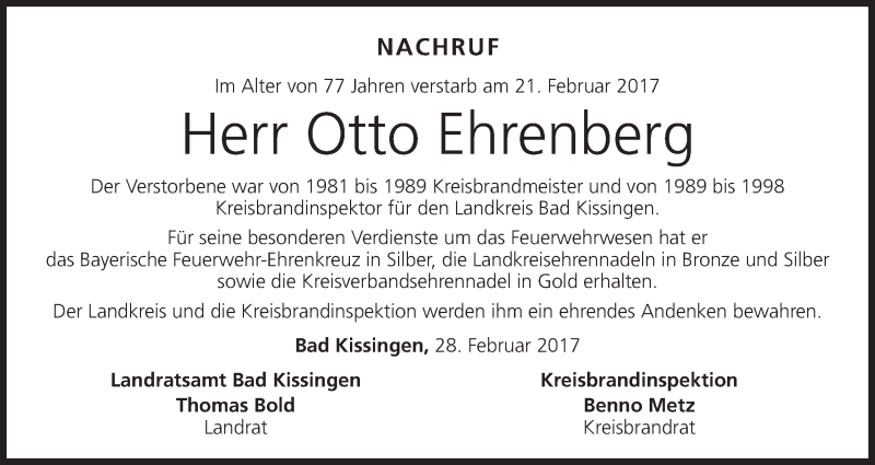  Traueranzeige für Otto Ehrenberg vom 28.02.2017 aus MGO