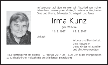 Anzeige von Irma Kunz von MGO
