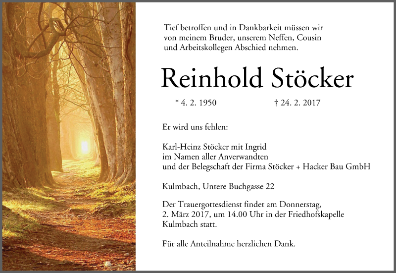  Traueranzeige für Reinhold Stöcker vom 28.02.2017 aus MGO
