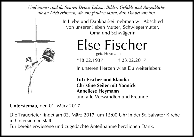  Traueranzeige für Else Fischer vom 01.03.2017 aus MGO