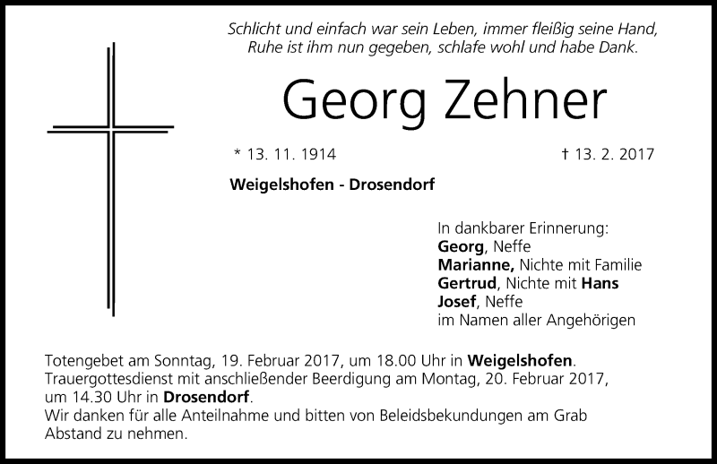  Traueranzeige für Georg Zehner vom 17.02.2017 aus MGO