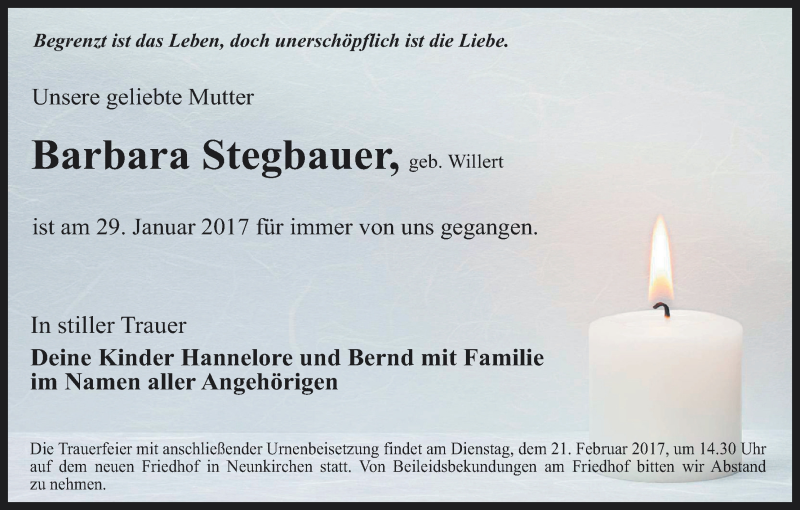  Traueranzeige für Barbara Stegbauer vom 18.02.2017 aus MGO