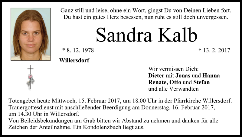  Traueranzeige für Sandra Kalb vom 15.02.2017 aus MGO