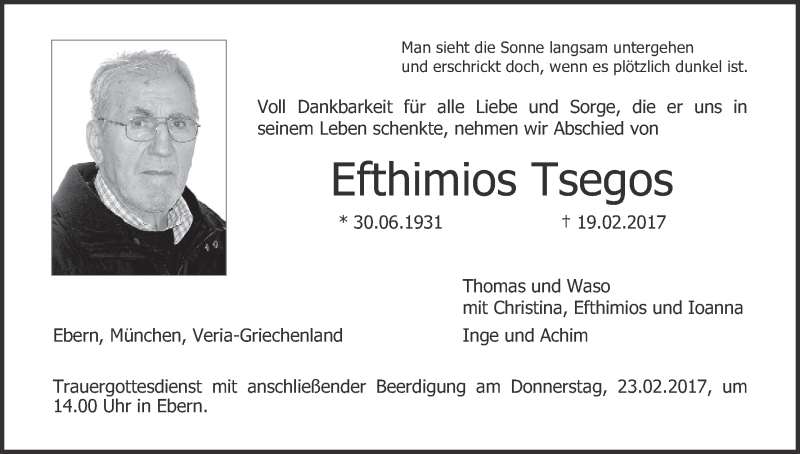  Traueranzeige für Efthimios Tsegos vom 22.02.2017 aus MGO
