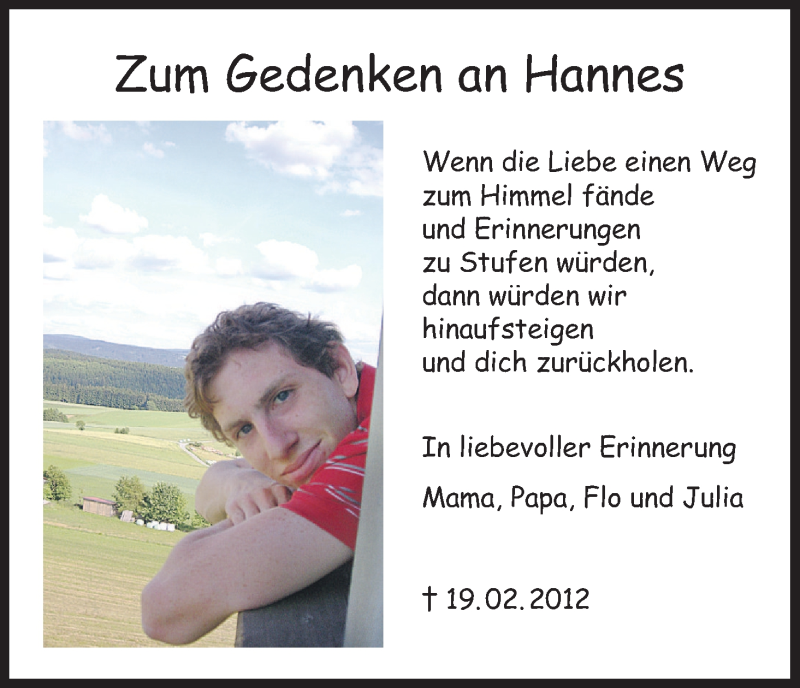  Traueranzeige für Hannes  vom 18.02.2017 aus MGO