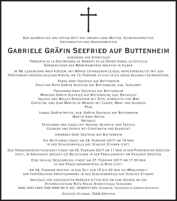 Anzeige von Gabriele Gräfin von Seefried auf Buttenheim von MGO