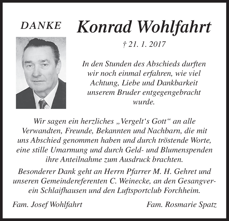  Traueranzeige für Konrad Wohlfahrt vom 04.02.2017 aus MGO