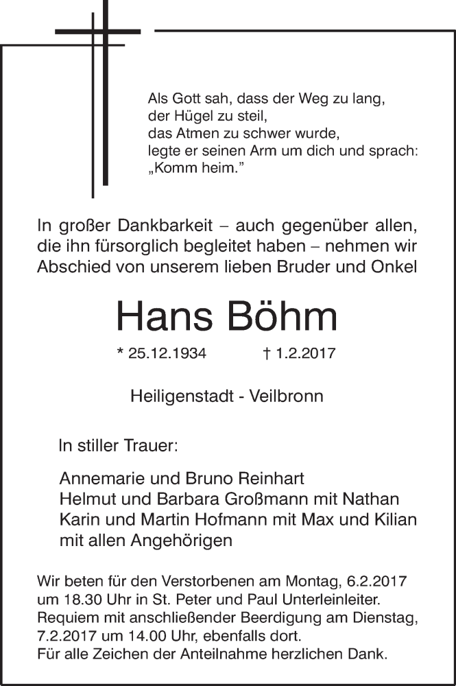  Traueranzeige für Hans Böhm vom 04.02.2017 aus MGO