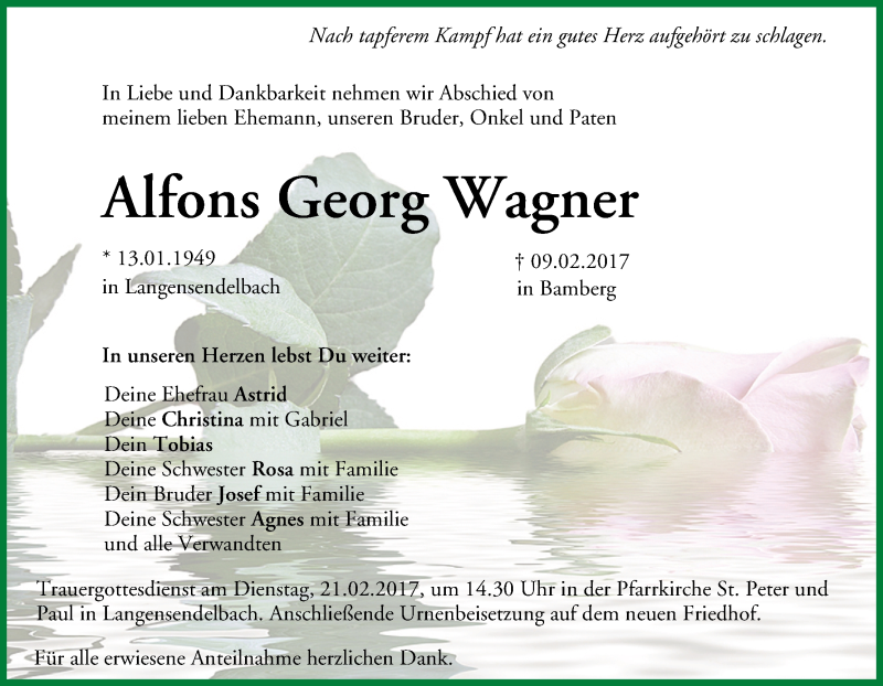  Traueranzeige für Alfons Georg Wagner vom 17.02.2017 aus MGO