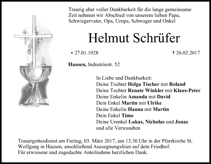  Traueranzeige für Helmut Schrüfer vom 01.03.2017 aus MGO