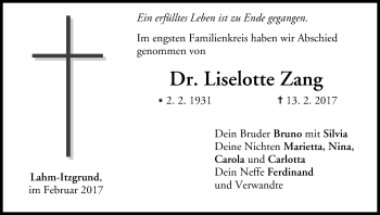 Anzeige von Liselotte Zang von MGO