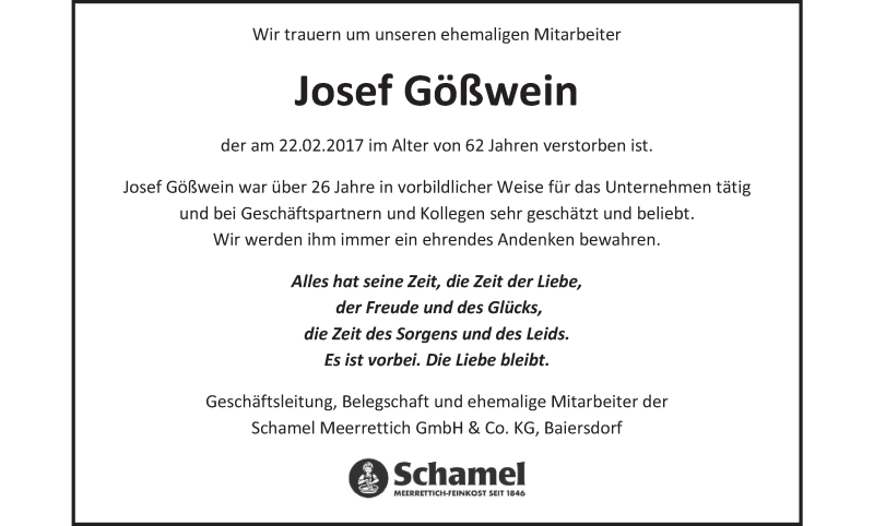  Traueranzeige für Josef Gößwein vom 24.02.2017 aus MGO