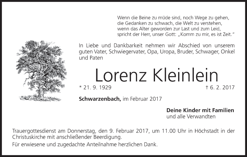  Traueranzeige für Lorenz Kleinlein vom 08.02.2017 aus MGO