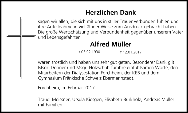  Traueranzeige für Alfred Müller vom 11.02.2017 aus MGO