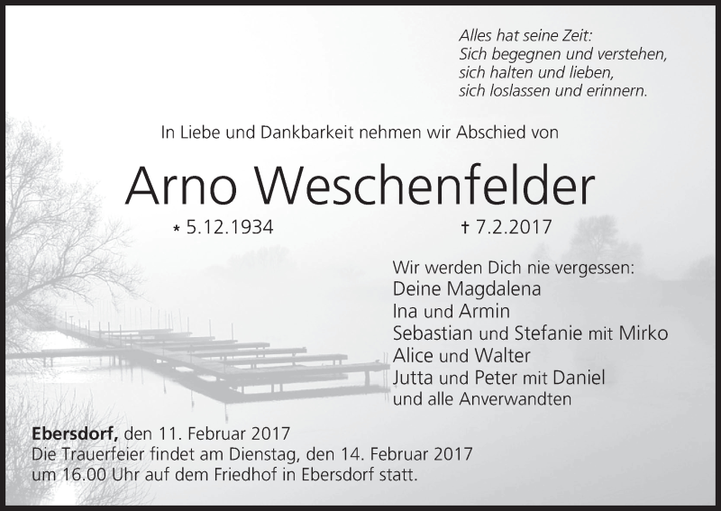  Traueranzeige für Arno Weschenfelder vom 11.02.2017 aus MGO