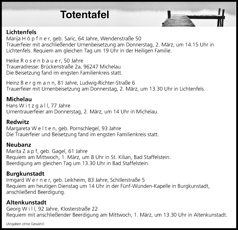  Traueranzeige für Totentafel vom 28.02.2017 vom 28.02.2017 aus MGO