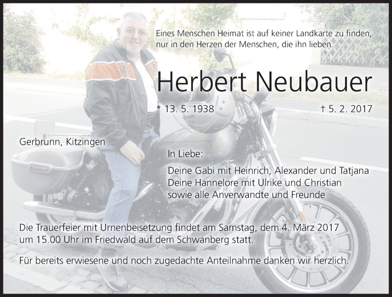  Traueranzeige für Herbert Neubauer vom 01.03.2017 aus MGO