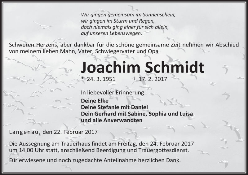  Traueranzeige für Joachim Schmidt vom 22.02.2017 aus MGO