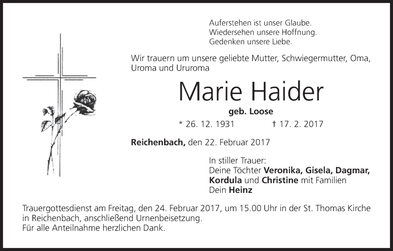  Traueranzeige für Marie Haider vom 22.02.2017 aus MGO