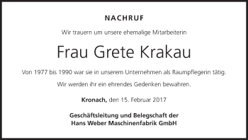 Anzeige von Grete Krakau von MGO