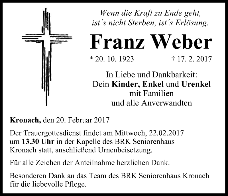  Traueranzeige für Franz Weber vom 20.02.2017 aus MGO