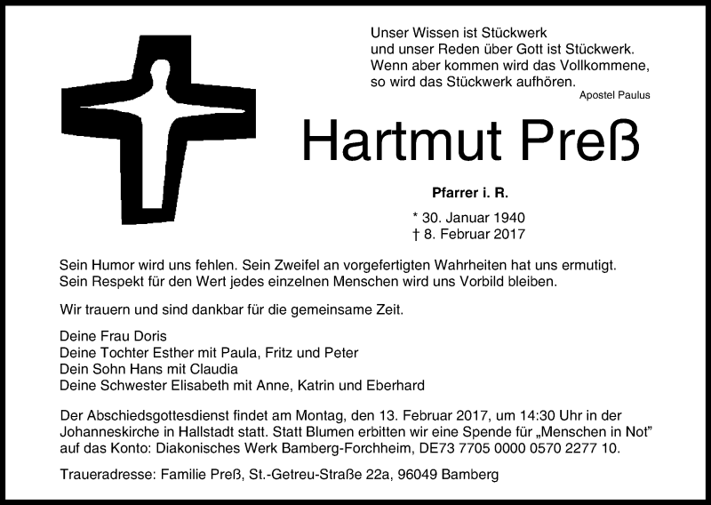  Traueranzeige für Hartmut Preß vom 11.02.2017 aus MGO