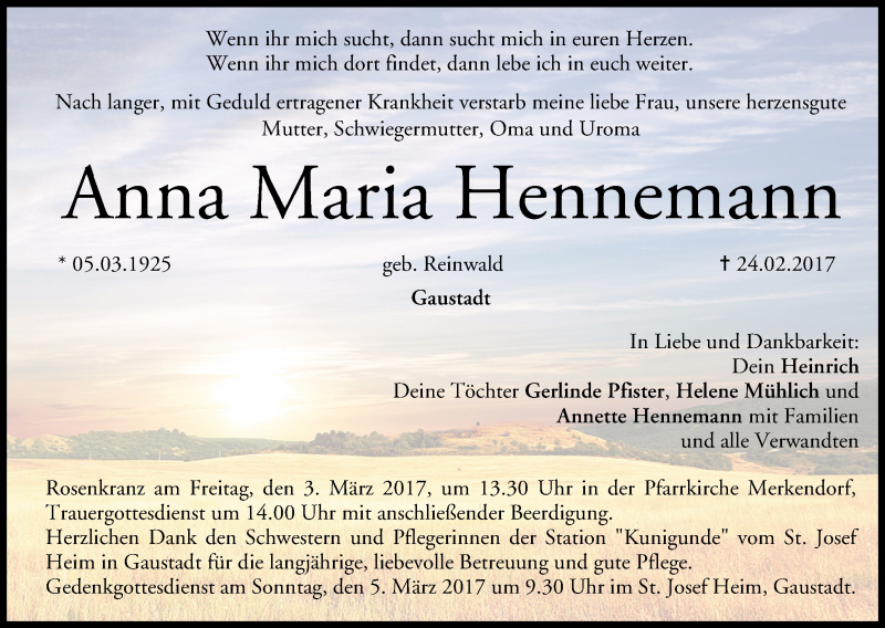  Traueranzeige für Anna Maria Hennemann vom 28.02.2017 aus MGO