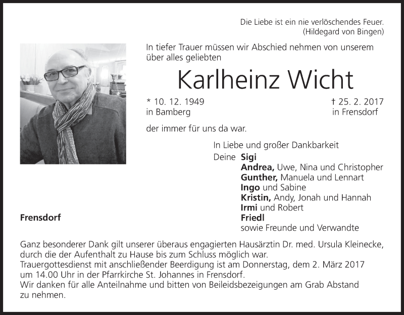 Traueranzeige für Karlheinz Wicht vom 28.02.2017 aus MGO