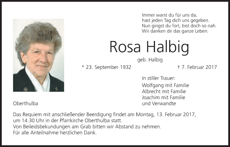  Traueranzeige für Rosa Halbig vom 11.02.2017 aus MGO