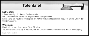 Anzeige von Totentafel vom 03.02.2017 von MGO