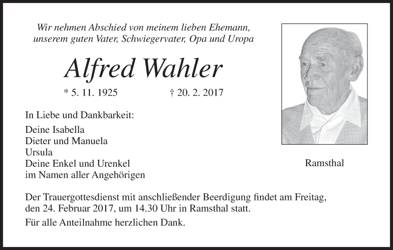  Traueranzeige für Alfred Wahler vom 22.02.2017 aus MGO