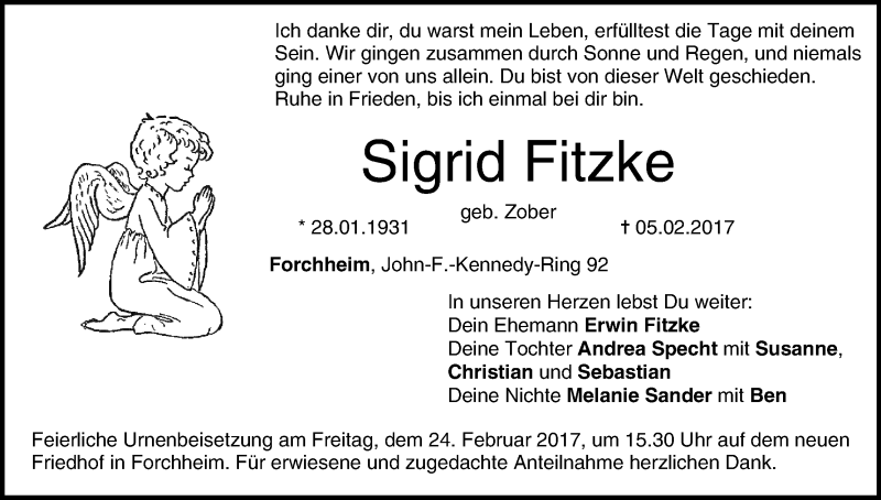  Traueranzeige für Sigrid Fitzke vom 21.02.2017 aus MGO