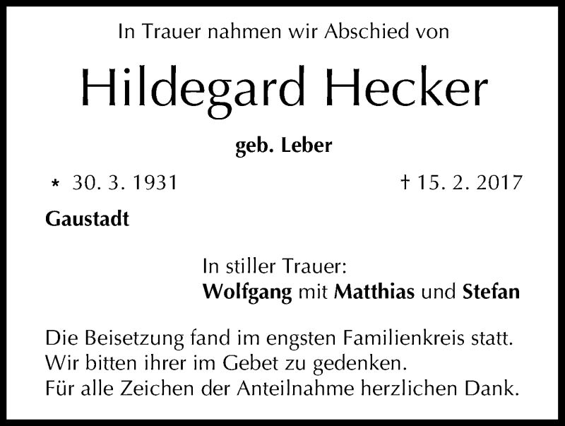  Traueranzeige für Hildegard Hecker vom 25.02.2017 aus MGO