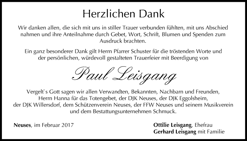  Traueranzeige für Paul Leisgang vom 11.02.2017 aus MGO