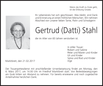 Anzeige von Gertrud  Stahl von MGO