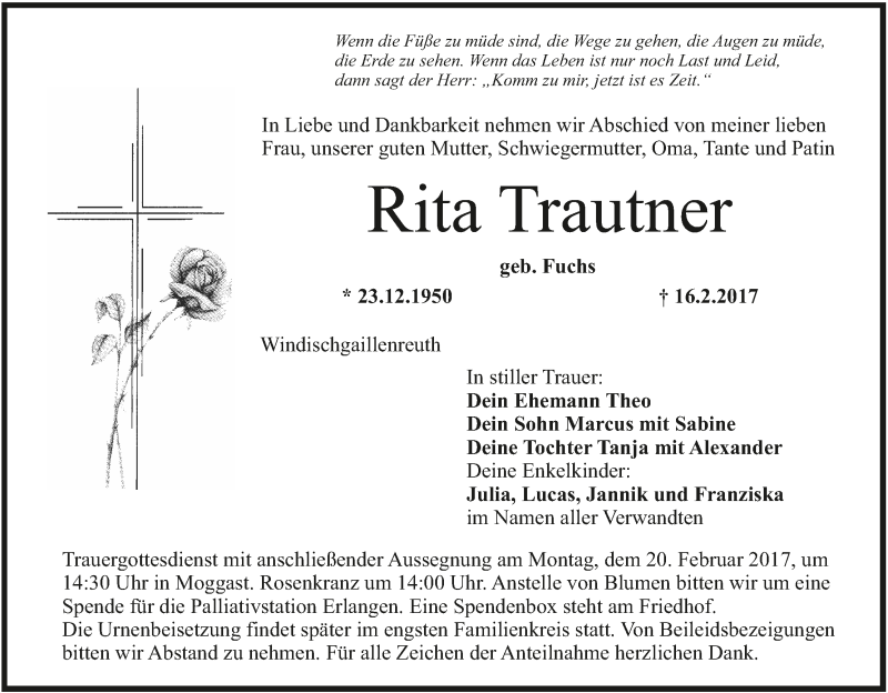  Traueranzeige für Rita Trautner vom 18.02.2017 aus MGO
